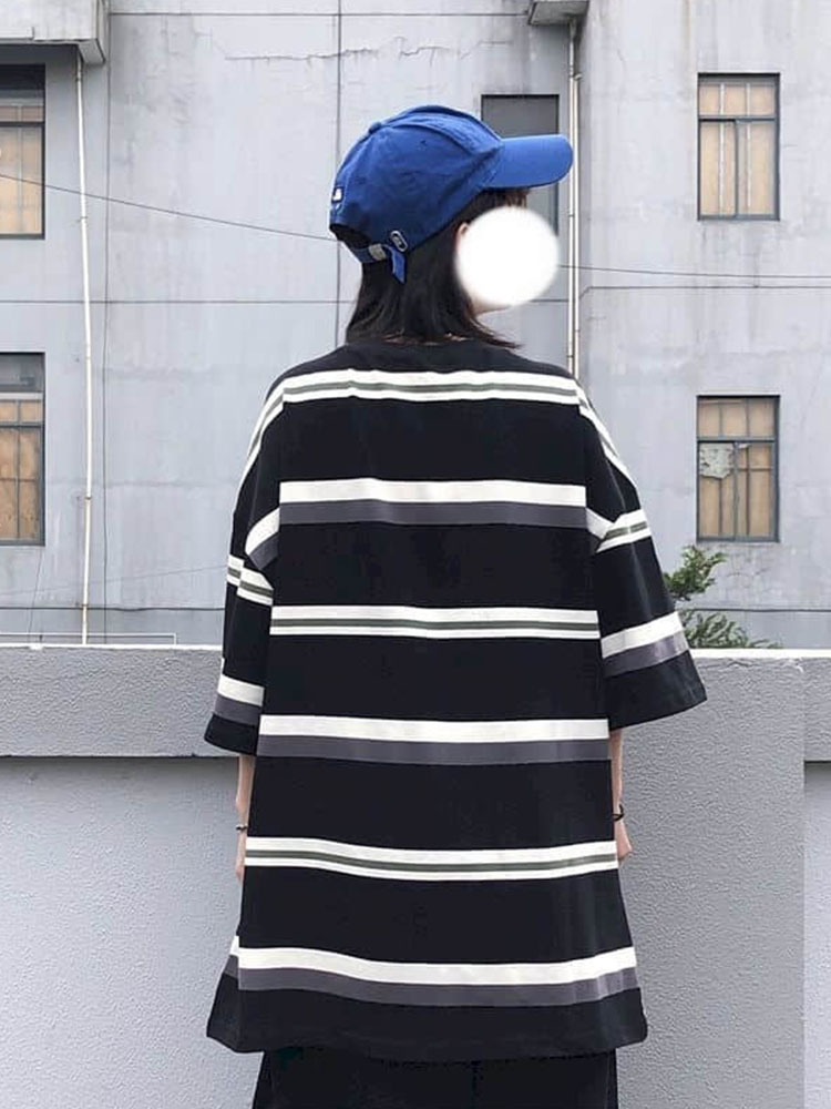 Hip Hop Short-sleeved T-shirt Women T Shirt Couple Japanese Simple Striped Half-sleeved Summer Korean Loose Student Black Top 220328
