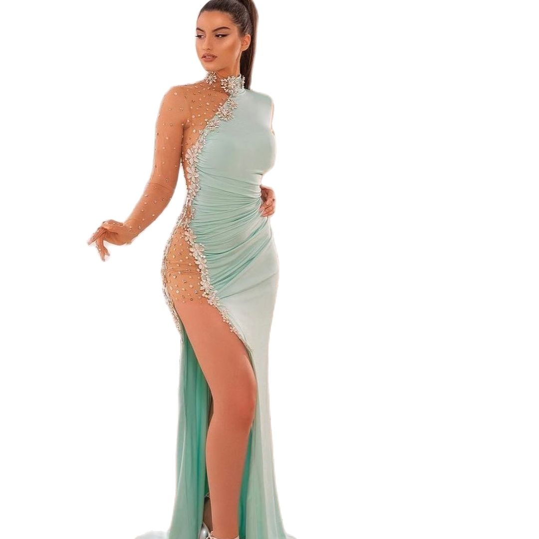 Luxurious Sexy African Dubai Evening Dresses High Split See Through Mermaid Prom Dress Beaded Applique Formal Party Gowns