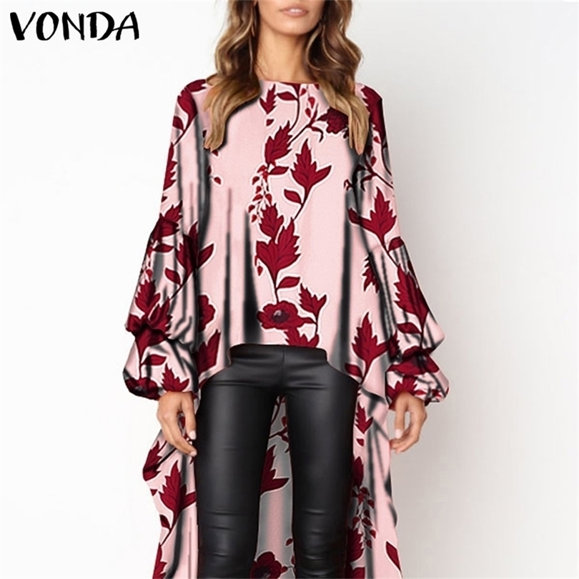 Plus Size Women's Summer Blouse VONDA Bohemian Printed Top Irregular Hem Shirt Female O Neck Casual Tunic Long Sleeve Blusa T200502