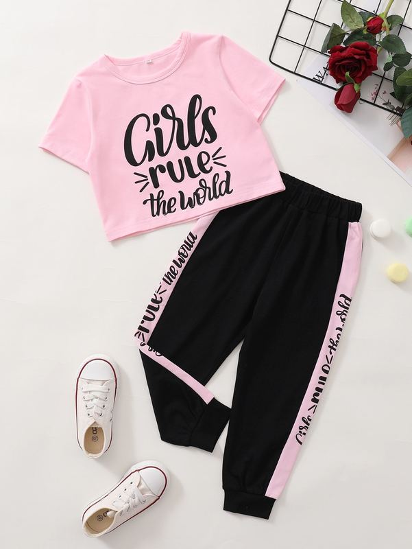 Toddler Girls Slogan Graphic Tee & Panel Joggers SHE