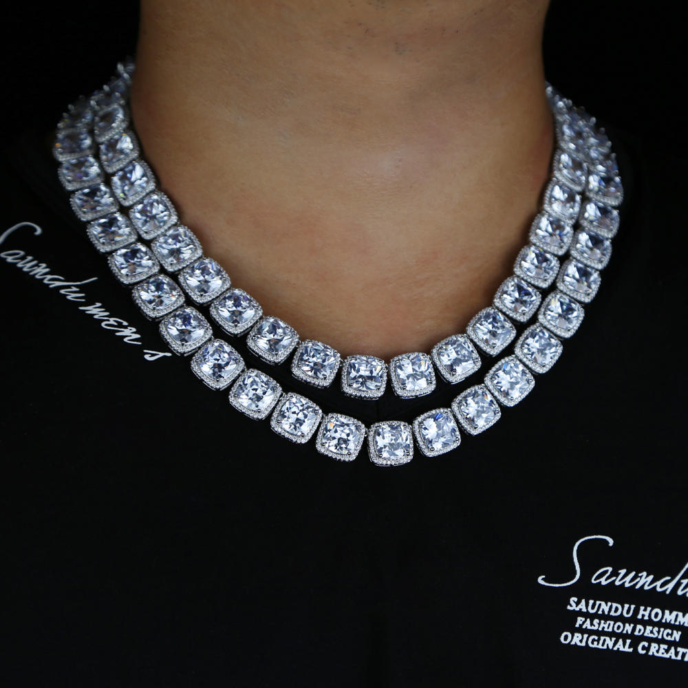Iced Out CZ Cluster Tennis Chain - Hip Hop Square Charm Necklace for Men