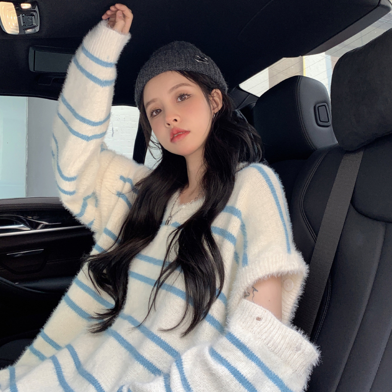 Korean Fashion Loose Winter Womens Clothing Sweater Blue Stripes V Neck Removable Sleeves Pullover Long Sleeves Knitting Tops 220817