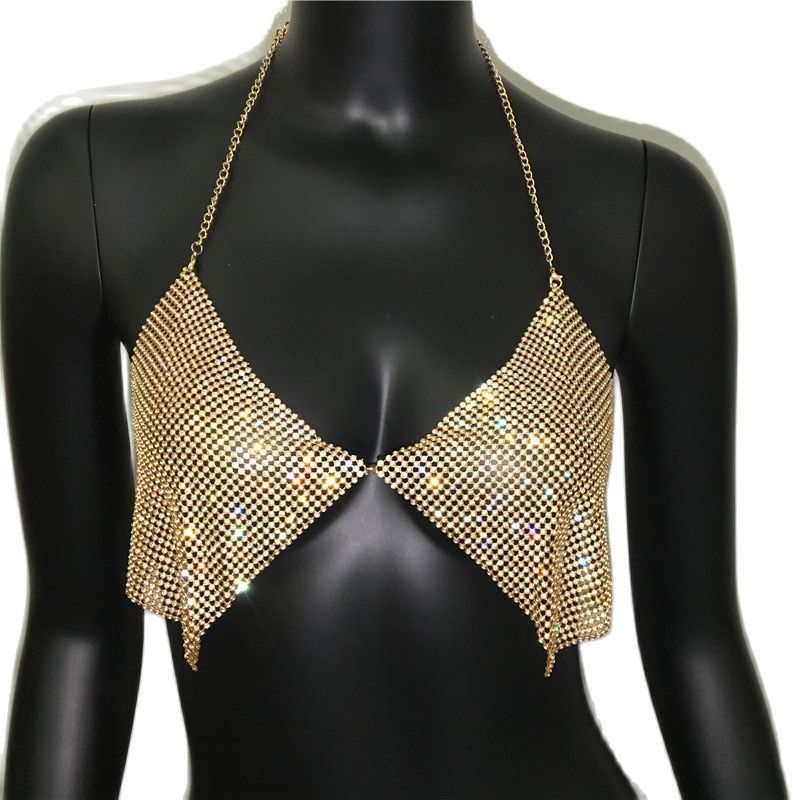 Bling Silver Gold s Halter Bra Crop Top Women Sexy Backless Deep V Neck See Through Summer Beach Tank Tops 220325