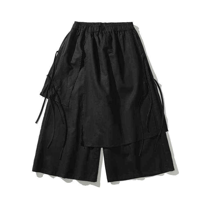 2022 Men Solid Color Irregular Pants Mens Elastic Waist Loose Hanfu Skirt Trousers Male Streetwear Harajuku Wide Leg Pants L220706