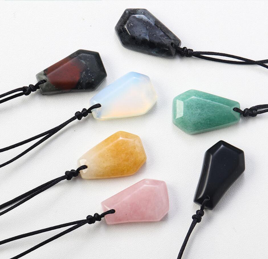 Natural Stone Geometric coffin Shape Pendant Quartz Agates Healing Crystal Tiger Eye Amethyst Charms Chakra Necklace Jewelry