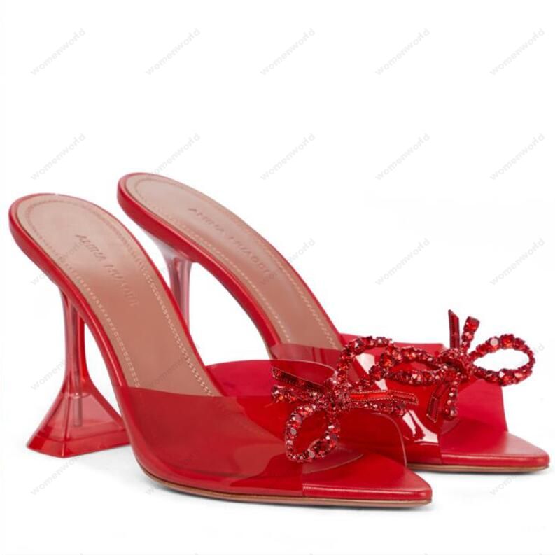 

Luxury Designer Amina Muaddi sandals New clear Begum Glass Pvc Crystal Transparent Slingback Sandal Heel Pumps 100mm Light Red crystal-embellished pumps shoes, Only a shoe box