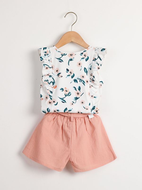 Toddler Girls Floral Print Ruffle Trim Tee & Belted Shorts SHE