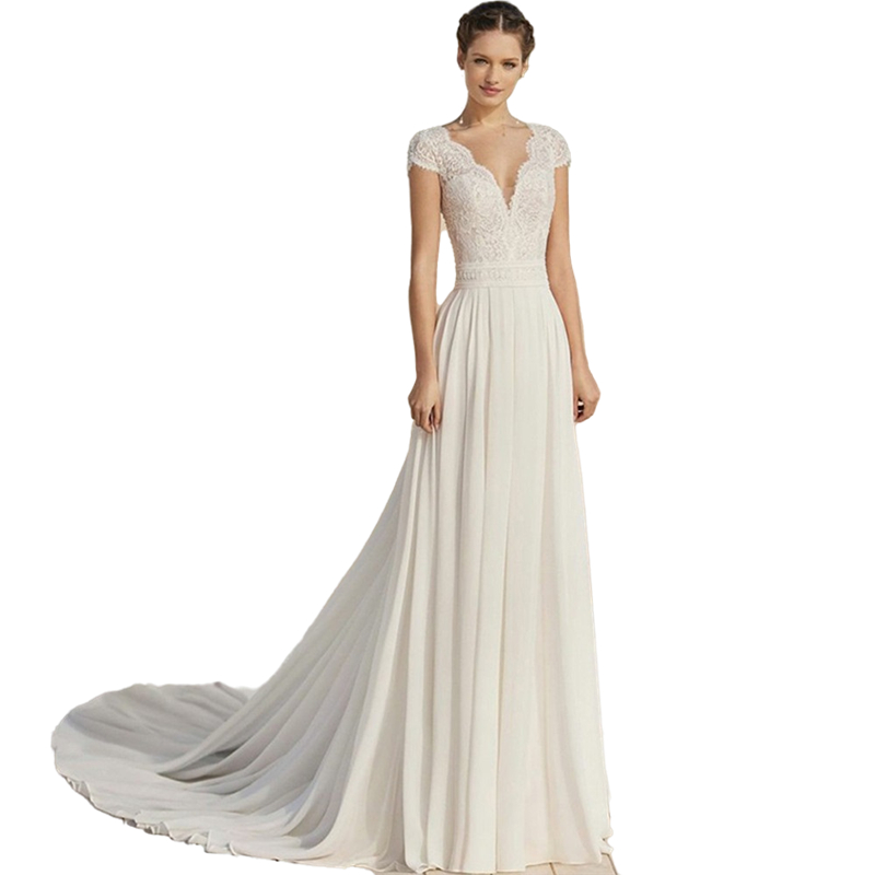 Bohemian V Neck Chiffon Wedding Dress 2022 Short Sleeves Illusion Buttons Back Lace Bridal Gowns Robe De Mariee Court Train Summer Long Boho Beach Wed
