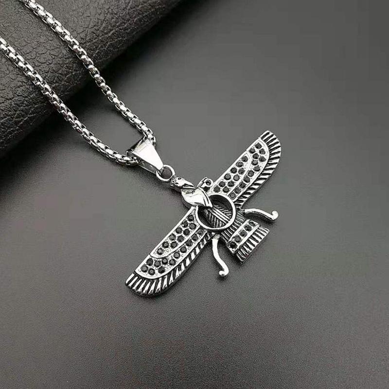 Pendant Necklaces Hip Hop Rhinestone Paved Bling Iced Out Faravahar Ahura Mazda Zoroastrian Necklace Gold Stainless Steel Men JewelryPendant
