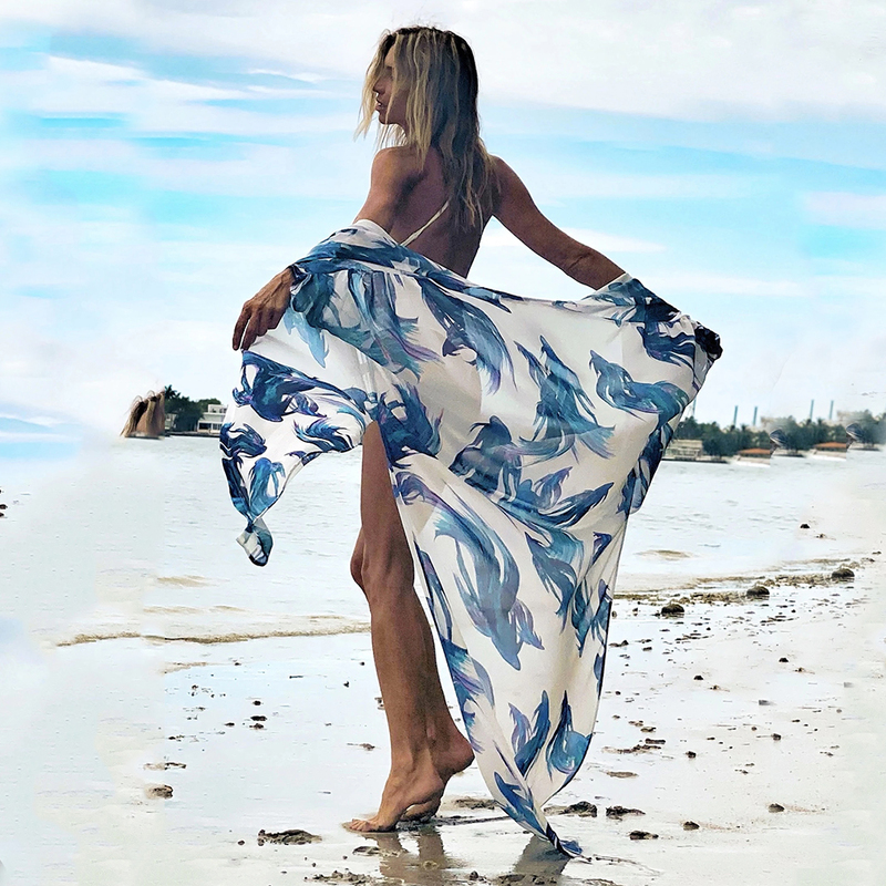 Leaves Print Bikini Beach Cover up Tunics for Long Kaftan Robe de Plage Sarong Swimsuit cover s 220704gx