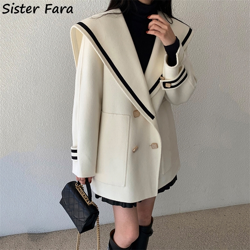 Sister Fara Autumn Sailor Collar Blazer Long Sleeve Jacket Women Double Breasted Winter Thicken Warm Jacket Coat Loose Blazers 220402, Beige 
Sister Fara Autumn Sailor Collar Blazer Long Sleeve Jacket Women Double Breasted Winter Thicken Warm Jacket Coat Loose Blazers 220402, Beige