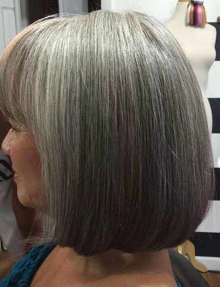 Custom Salt&pepper color grey bob human hair wig for black women with bang fringe hairpiece silver two tone blend natural daily use 150%density short 