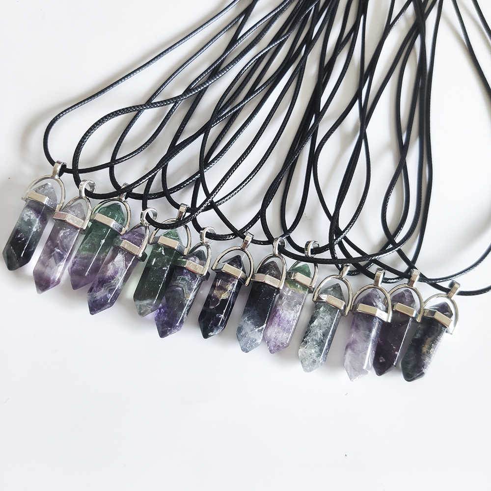 Fluorite Necklaces Crystal Pendants Suspension Natural Gem Stone Quartz Bullet Hexagonal Pendulum Reiki Chakra Necklace