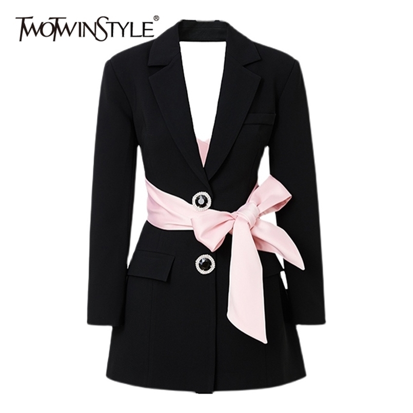 

TWOTWINSTYLE Colorblock Casual Women' Autumn Coat Notched Long Sleeve Patchwork Diamond Slim Female Blazer Autumn Clothing 220402, Black