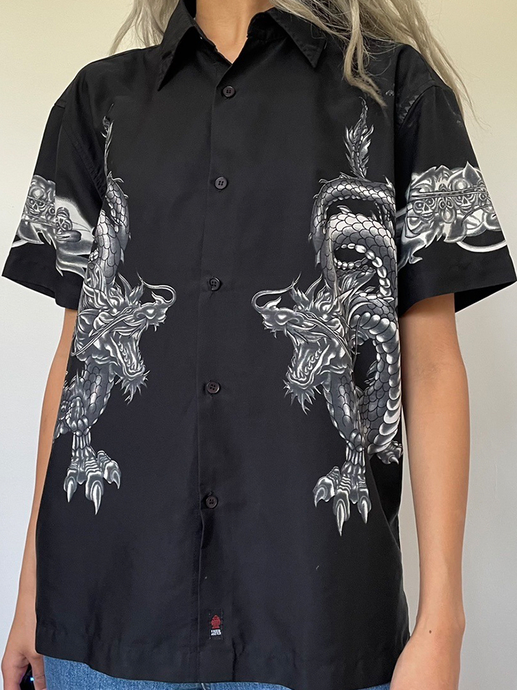SUCHCUTE Gothic Dragon Printing Women Blouse Loose Dark Academic Streetwear Short Sleeve Shirts Grunge Hip Hop Oversize Outfits 220407