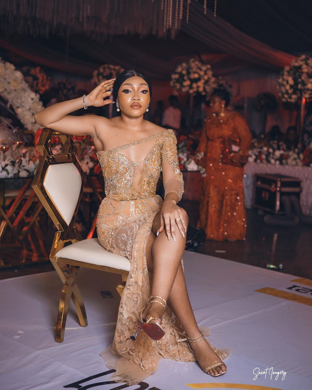 2022 Plus Size Arabic Aso Ebi Gold Luxurious Mermaid Prom Dresses One Shoulder Sexy Evening Formal Party Seocond Reception Birthday Engagement Gowns D