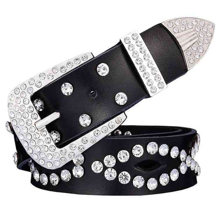 Fashionable new style women's belt leather inlaid with diamond hollow cow leather, Black
Fashionable new style women's belt leather inlaid with diamond hollow cow leather, Black