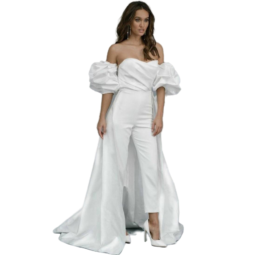 Elegant Bridal Gowns Wedding Jumpsuits With Detachable Train White Satin Puff Sleeve Off Shoulder Strapless Country Beach Wedding Dress 2022
