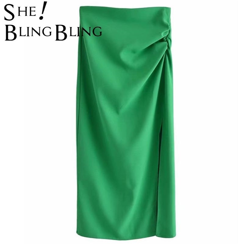 SheBlingBling Summer High Waist Zipper Ruched Detail Split Side Women Casual Straight Green Midi Skirts Female Petites 220317