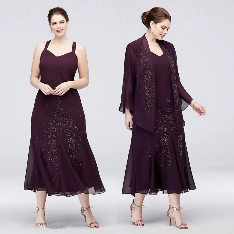 Elegant Tea Length Chiffon Mother Of The Bride Dresses Suits With Jacket Luxury Beaded Dusty Grape Wedding Guest Dress 2 Piece Groom Mothers Party Pro