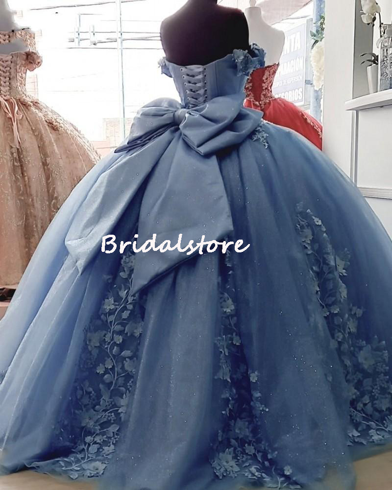 Luxury Pink Dusty Blue Quinceanera Dresses Charro Puffy Tulle Florals Ball Gown Prom Dress With Big Bow Birthday Party Sweet 16 Gowns With Beaded Off 