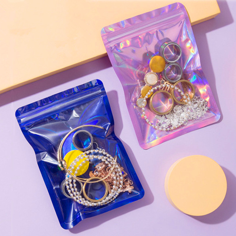 100PCS Anti Oxidation Jewelry Earrings Packaging Bags Resealable Clear Front Holographic Laser Trinkets Phone Case Bracelets E-cigarettes Gifts Storag