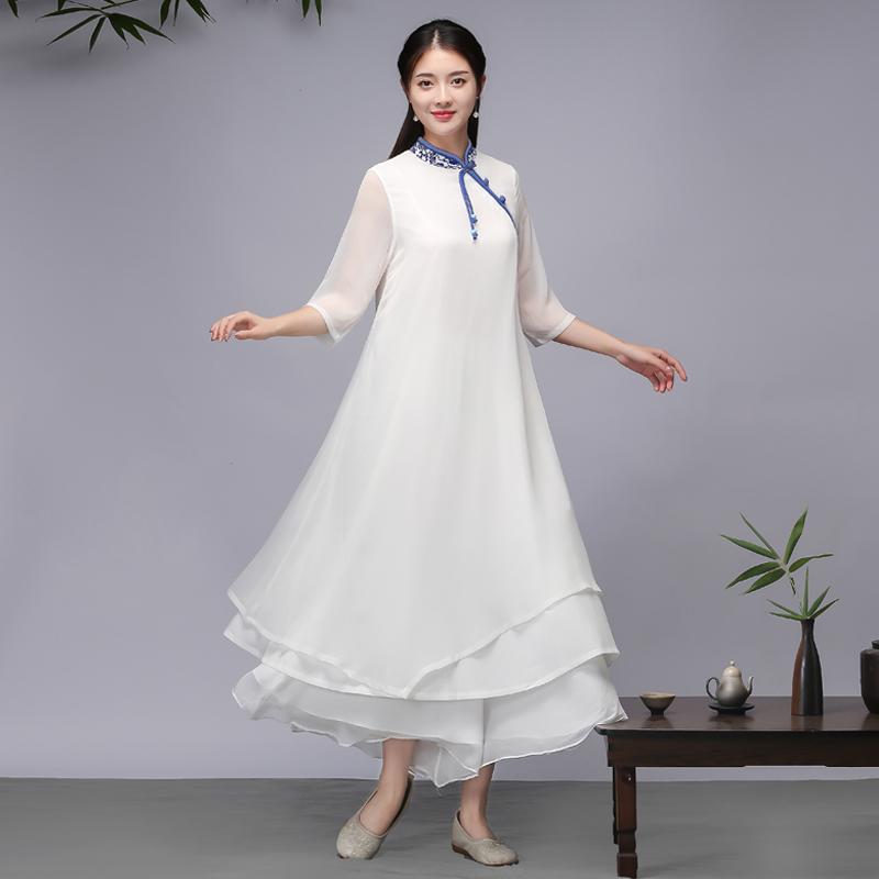Women ethnic Clothing Hanfu Qipao Summer dress Chinese Style Vintage White Traditional Tang Suit Robe Oriental Clothes