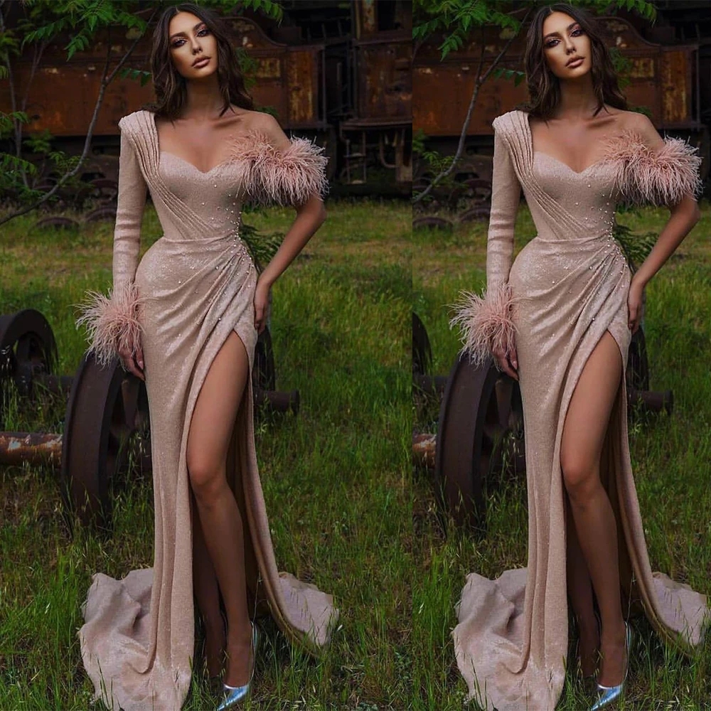 Feathers Pearls Prom Dresses One Shoulder Pleats Full Sleeves Evening Dress Custom Made Side Split Sweep Train Red Carpet Celebrity Party Gown, Brown
Feathers Pearls Prom Dresses One Shoulder Pleats Full Sleeves Evening Dress Custom Made Side Split Sweep Train Red Carpet Celebrity Party Gown, Brown