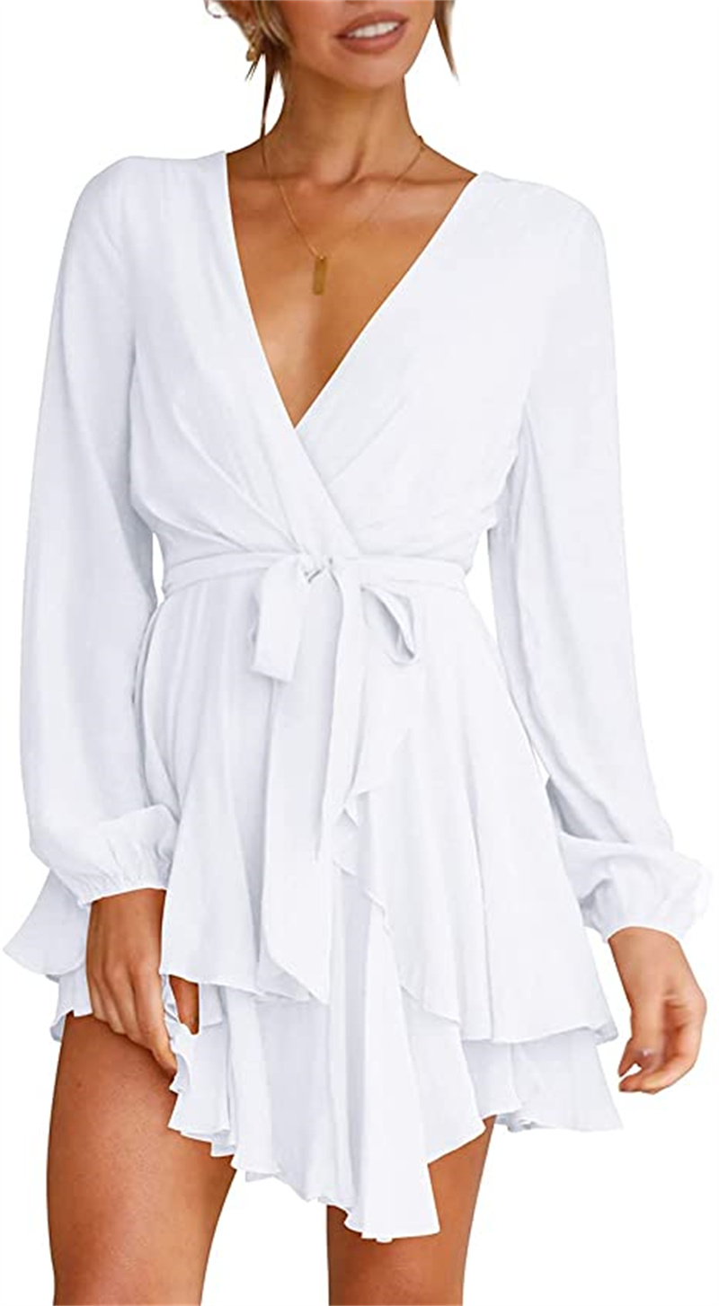 Women's Tops & Tees dress Deep V collar long sleeves waist lace pleated mini skirt skate skirt, Photo color
Women's Tops & Tees dress Deep V collar long sleeves waist lace pleated mini skirt skate skirt, Photo color