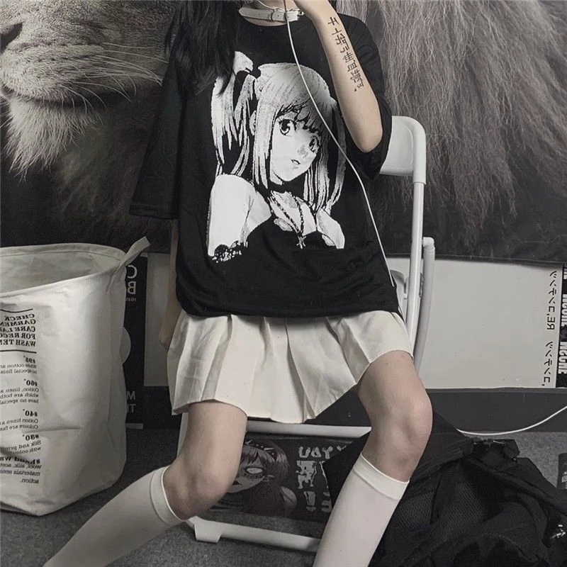 QWEEK Manga Anime Print T-shirts for Women Japanese Style Black Oversized Graphic T-shirt Mall Goth Tops Dark Academia 220321
