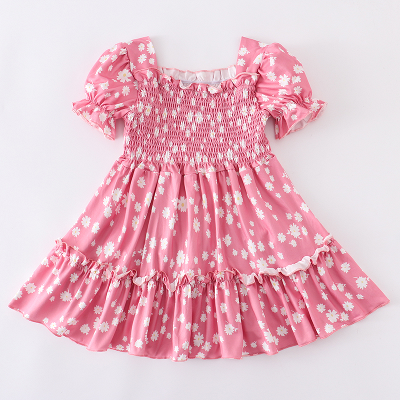 Girlymax SpringSummer Baby Girls Kids Boutique Clothing Children Ruffles Dress Smocked Floral Milk Silk Knee Length 220519