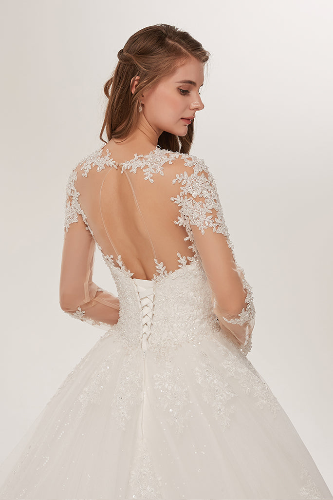 Elegant Long Sleeve Lace A Line Wedding Dress For Bride Sheer Jewel Neck Church Wedding Gowns Court Train Ivort Tulle Country Bridal Dresses 2022 Vest