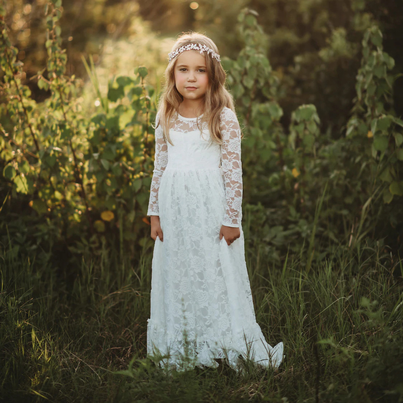 212 Year Flower Girl Dresses White Beige Long Sleeve Summer Dress Communion Toddler Kids Christening Wedding Bridesmaid Clothes 220707