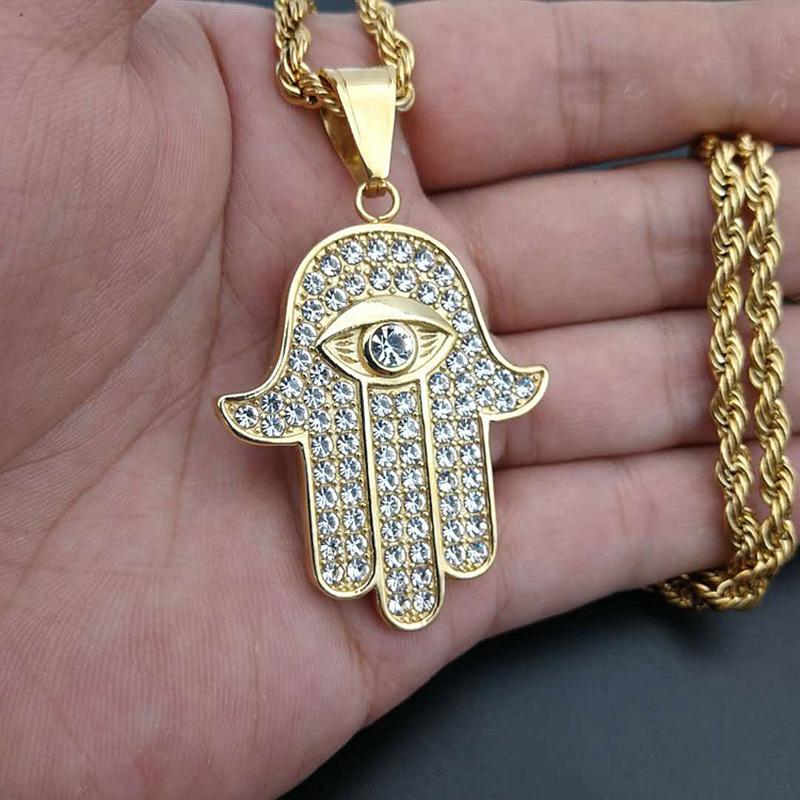 Pendant Necklaces Micro Paved CZ Stone Gold Fatima Hand Islam Amulet Necklace 316L Stainless Steel Men Bling Iced Out Hip Hop JewelryPendant