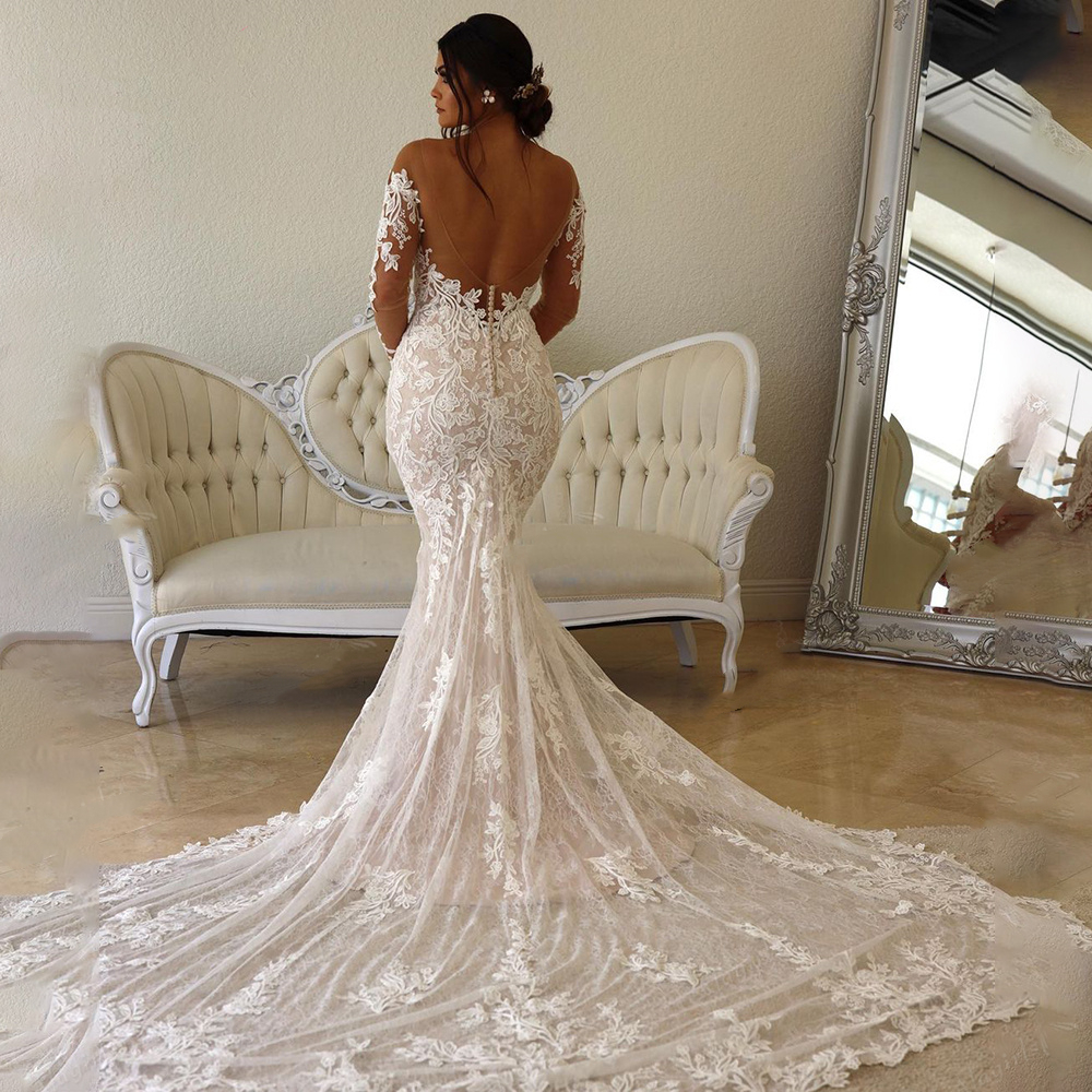 Romantic Boho Beach Lace Dress Long Sleeve Mermaid Wedding Gowns Sexy Open Back Chapel Bridal Dresses robe de mariage