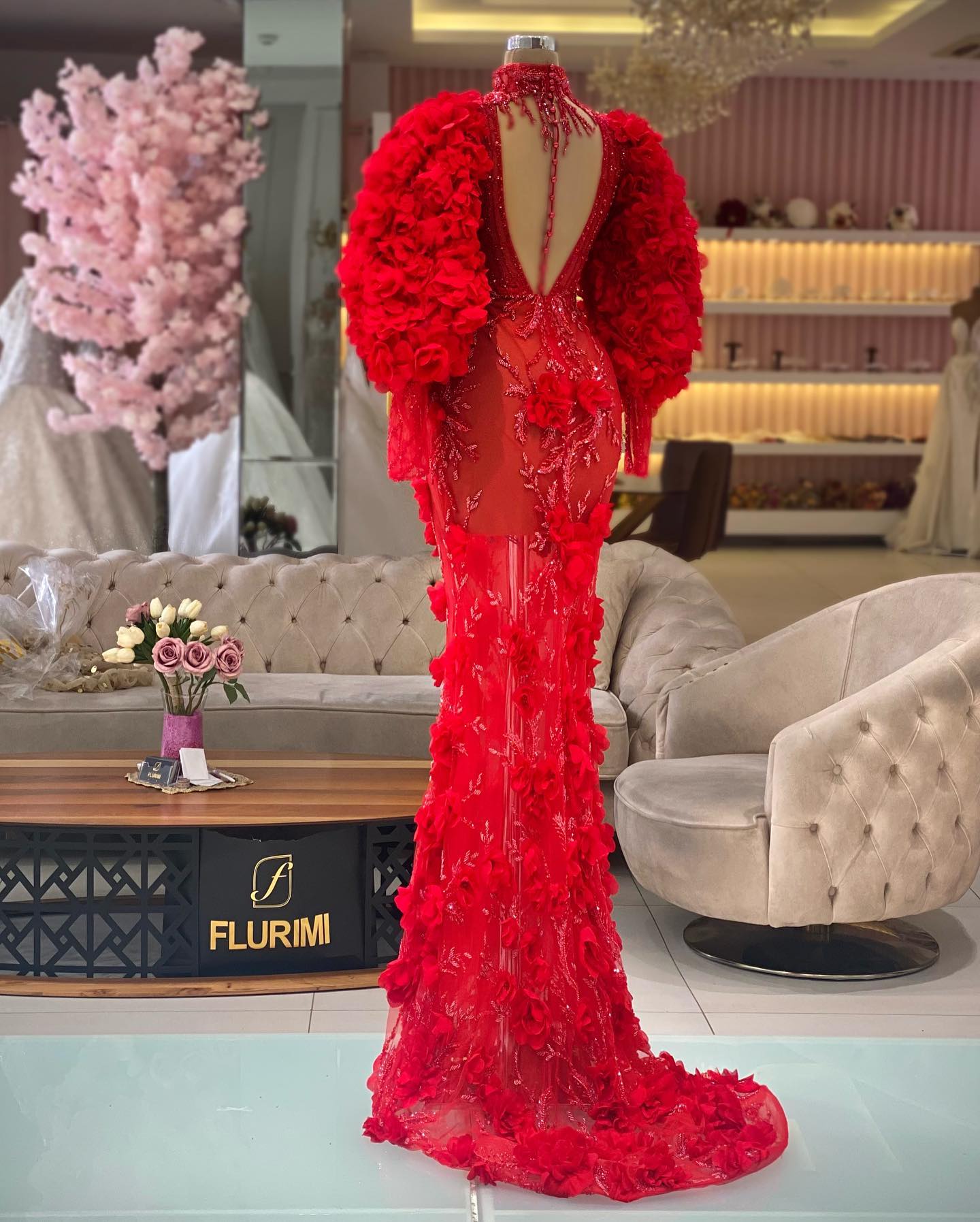 Gorgeous High Neck Prom Dresses Ruffles Long Sleeve Flower Beaded Women Gowns Long Tulle Formal Evening Dress