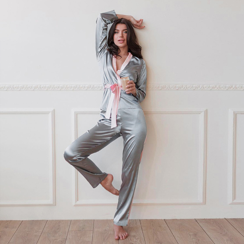 Hiloc Color Block Sleepwear Patchwork Pamas For Women Nightwear Set Woman 3 Pieces Satin Nightgowns Long Sleeves Autumn Suits 220321