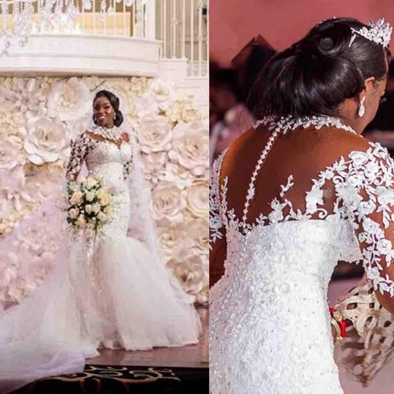 Cystal Beading Long sleeves Vintage Lace Mermaid Wedding Dress High Neck Appliques Plus Size Africa Wedding Dresses