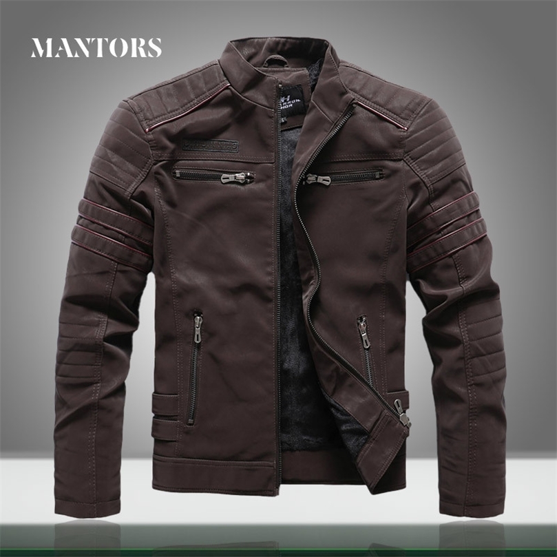 Mens Leather Jacket Casual Autumn Winter Stand Collar Men Motorcycle Jackets Fleece Zipper High Quality PU Leather Coats 201127