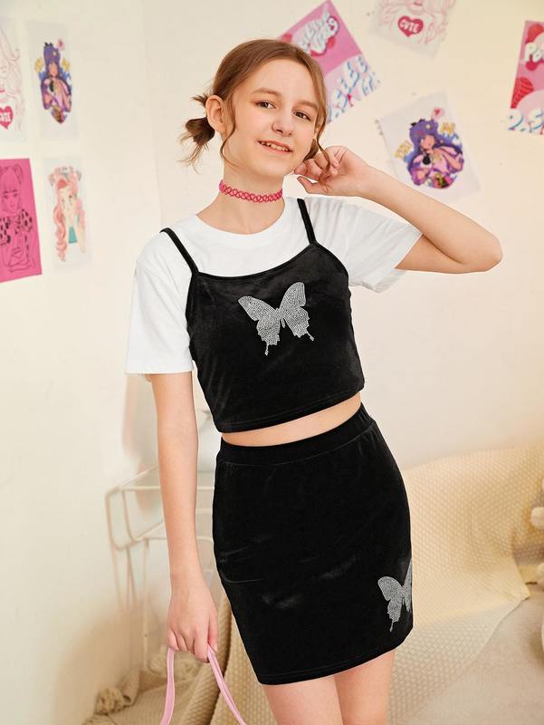 Teen Girls Butterfly Velvet Crop Cami Top & Skirt SHE
