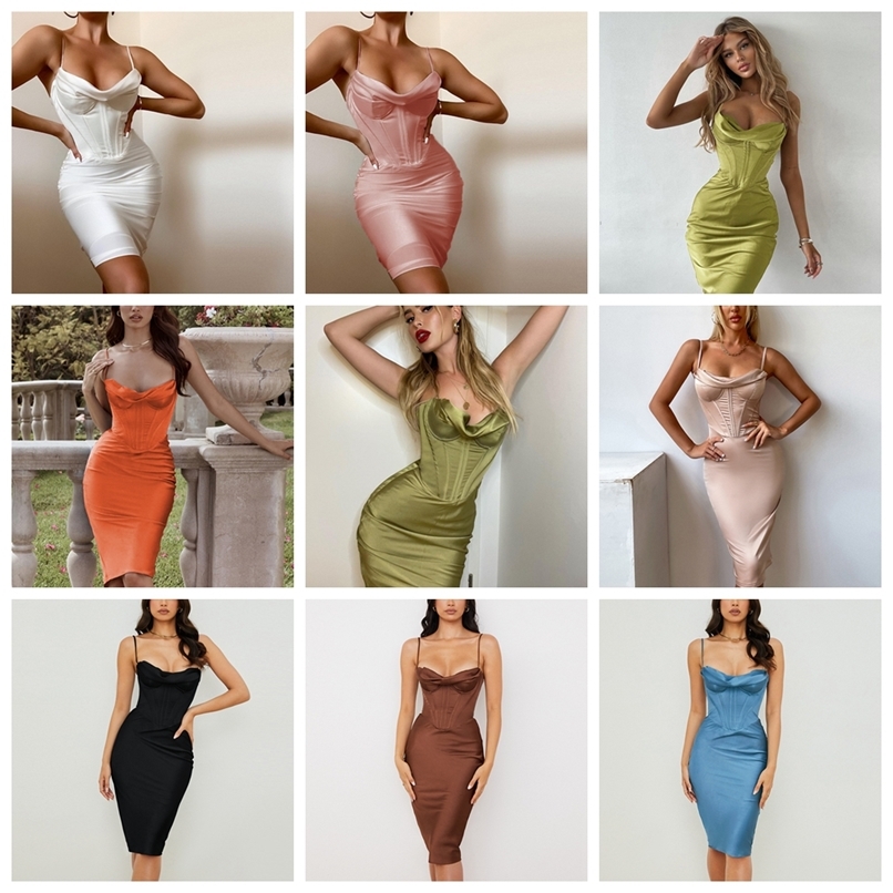 High Quality Summer Corset Dress Women White Spaghetti Strap Padded Bustier Satin Bodycon Sexy Party Clubwear 220526