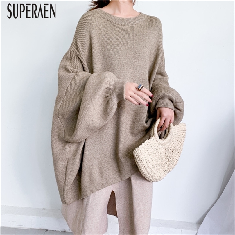 SuperAen Fashion Pullovers Sweater Women Autumn and Winter Bat Sleeve Big Size Ladies Solid Color Tops Casual Clothes 201223