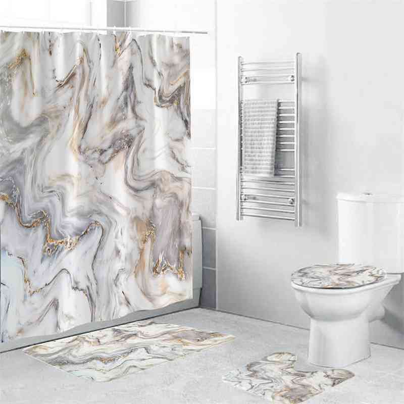 Marble Shower Curtain Sets With Nonslip Bathroom RugToilet Lid CoverBath MatDurable Waterproof Bath Curtain For Bathtub 210402