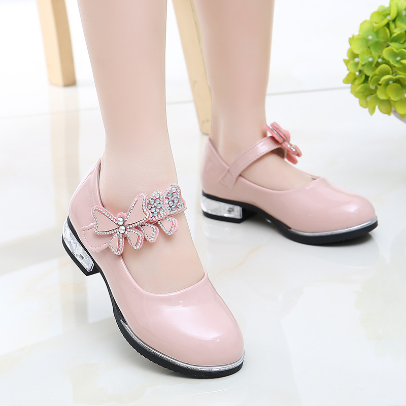 Girls Leather Shoes Spring Summer PU Patent Kids Dress High Heels Butterfly knot for Wedding Chic 220525