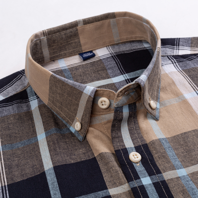 Men's Classic Fit Casual Plaid Linen Cotton Shirt Single Pocket Button-down Comfortable Soft Long Sleeve Stripe Checked Shirts 220322