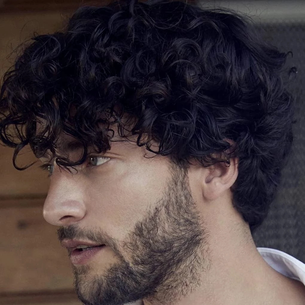 20MM Curly #1 Black Men's Wigs 100% Human Hair Unit Replacement System Durable Full Skin PU Toupee Male Capillary Prosthesis