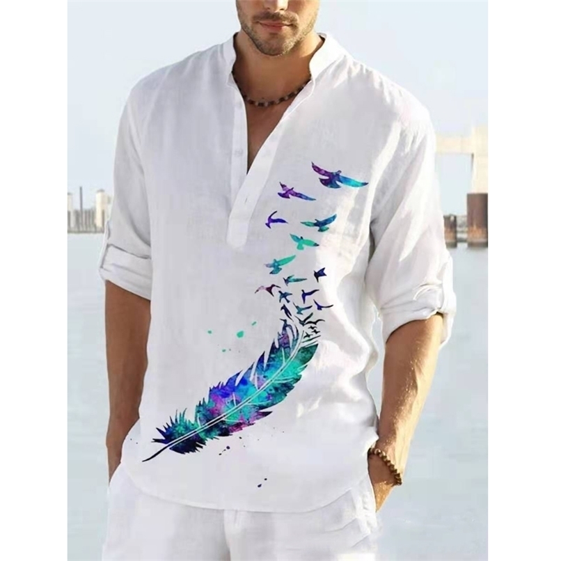 Fashion Men's Shirt Loose Linen s Male Cotton Color Printed V-neck Buttons s Men Casual Long Sleeves 220322