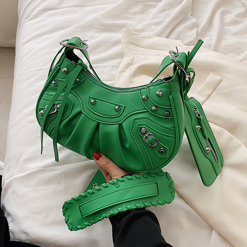 2022 Bag Three Locomotive Soft Leather Underarm Single Messenger Rivet Semicircle Bags Trendy Baguette Mini Shoulder Handbag Casual