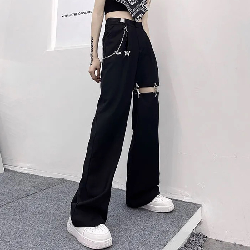 Fashion High Waist Wide Leg Pants Street Harajuku Black Trouser Plus Size Casual Loose Pant (with Belt and Chain) 220325
