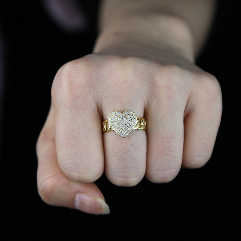 New Arrived Heart Shaped Ring Bling Iced Out Cubic Zirconia Cz Paved Cuban Link Chain Fashion Hip Hop Jewelry for Women